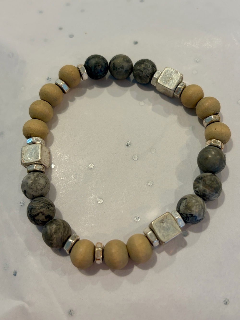NWOT Neutral Wood Bead Stretch Bracelet Set with Silver Accents-4 - Picture 6 of 6